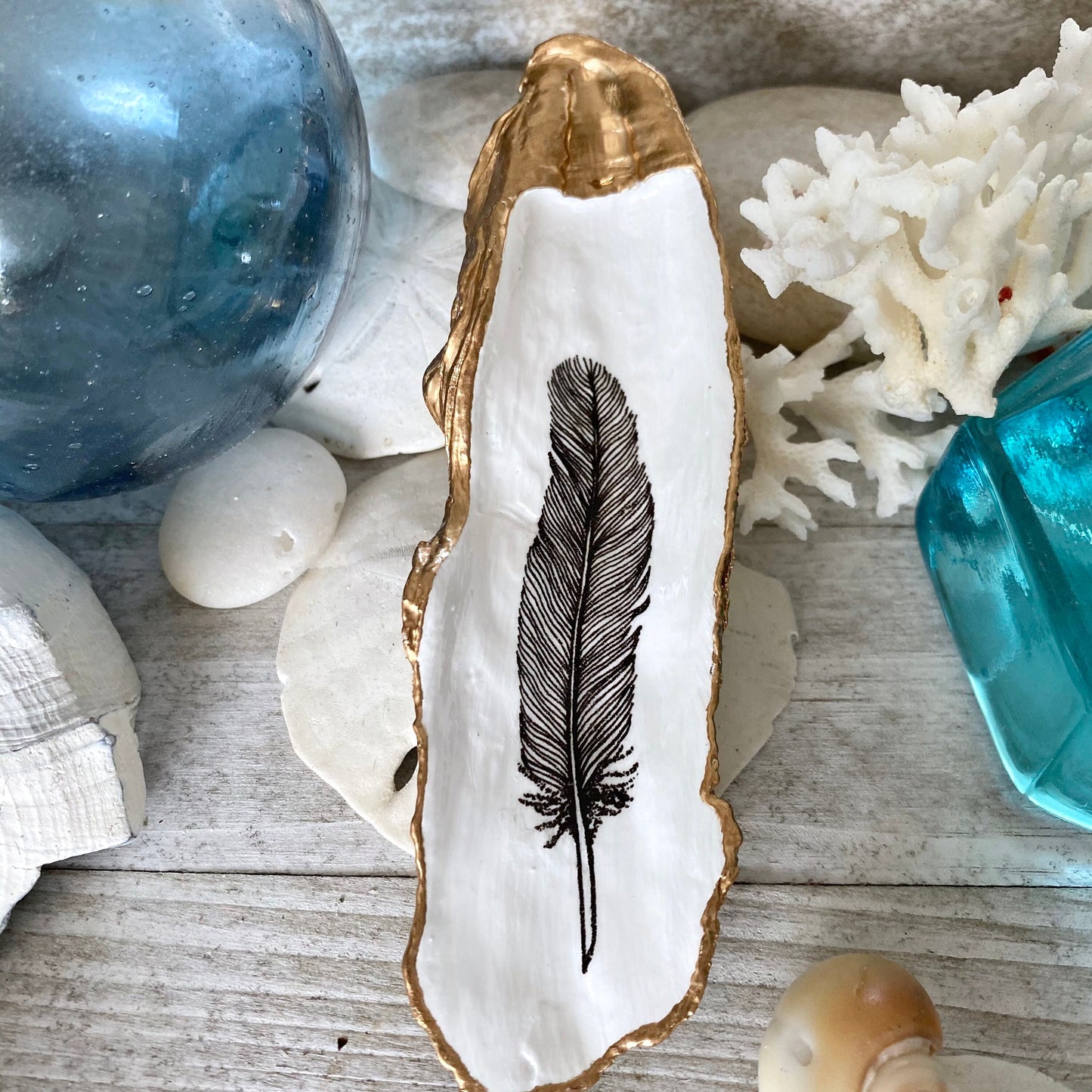 Decoupage Oyster Shell Jewelry Dish, Feather Design, Beach House Decor Accent