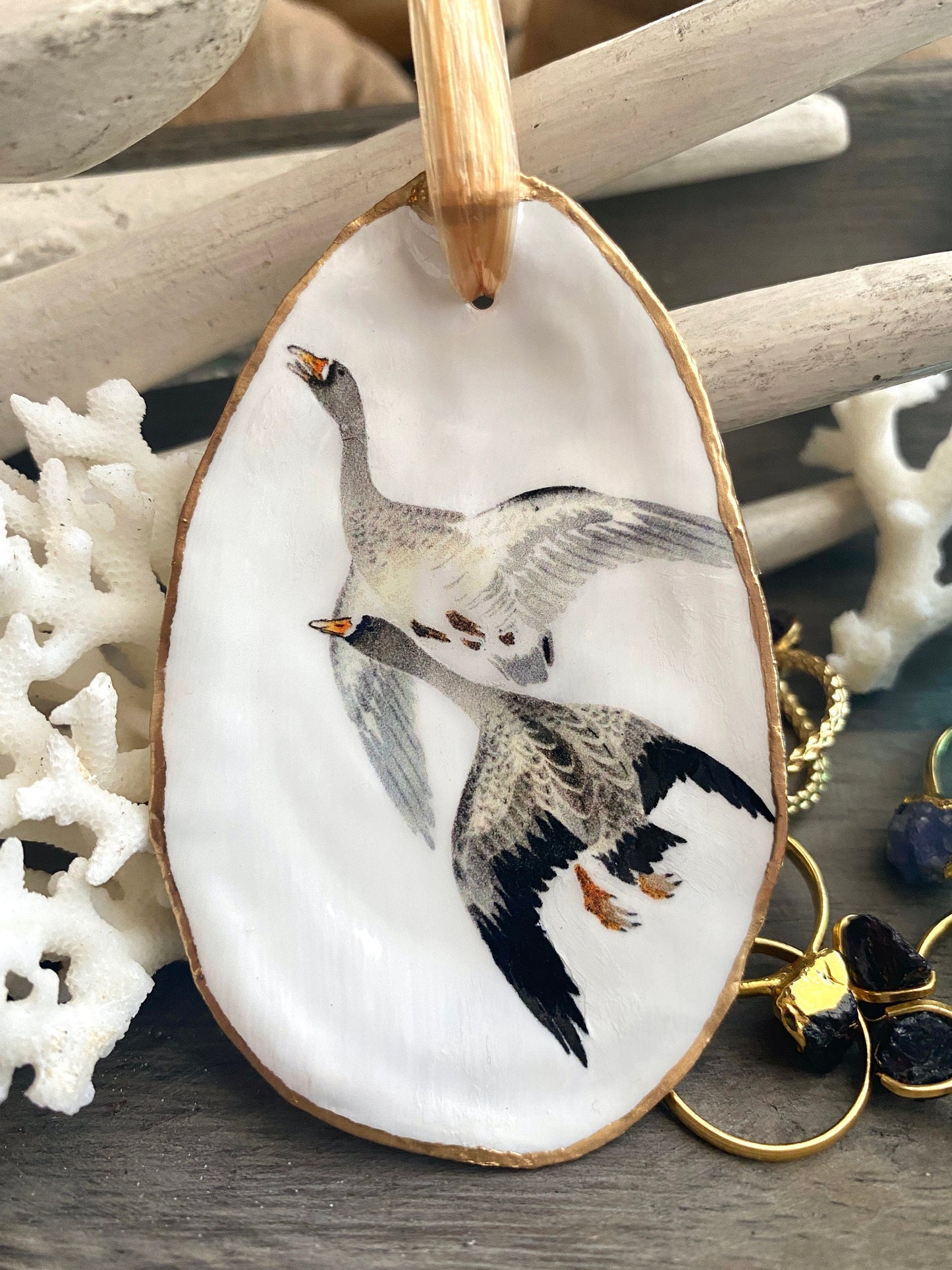 Holiday Ornaments Decoupage Oyster Shell  Bird Lover Art