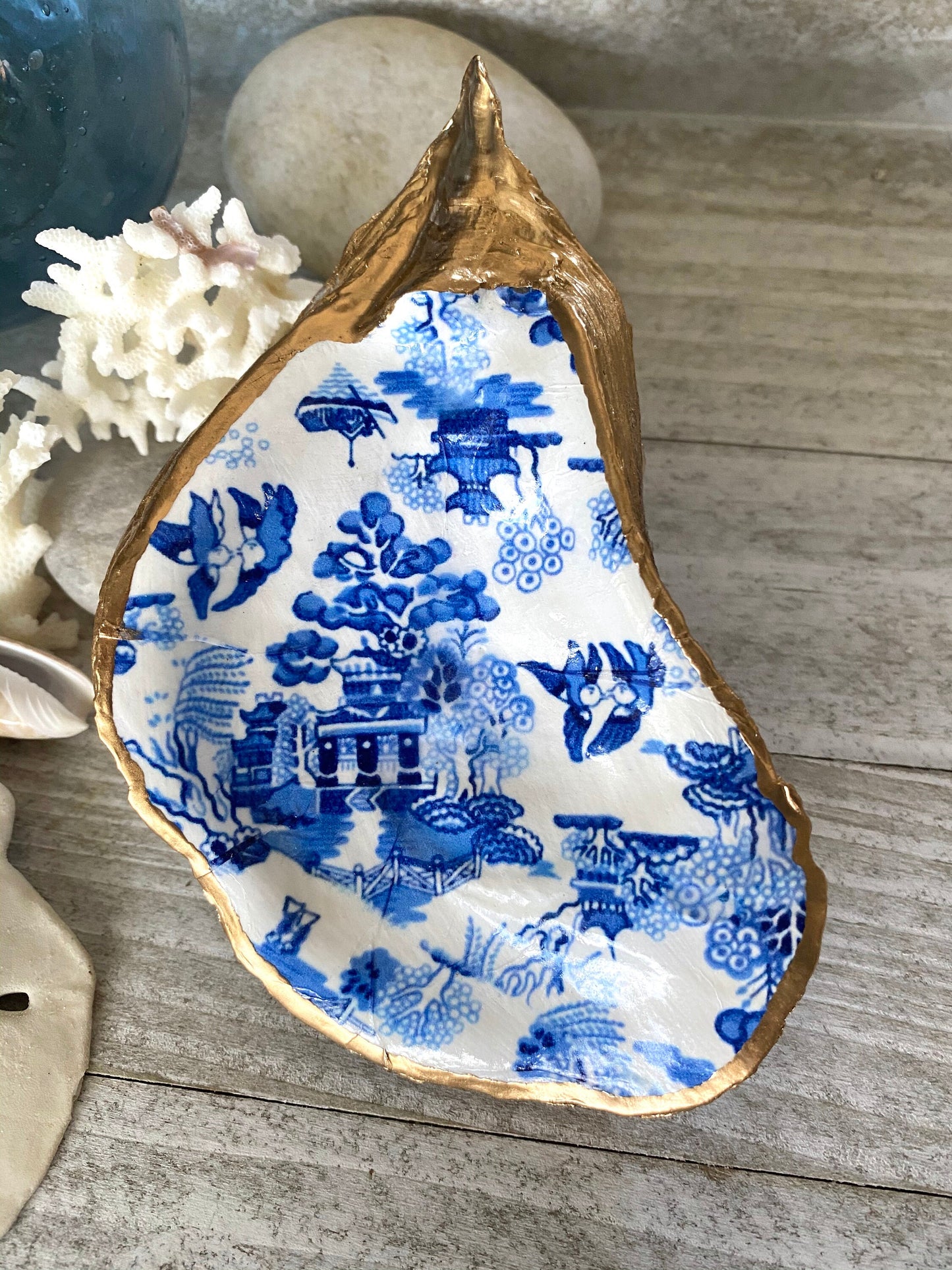 Decoupage Chinoiserie Oyster Shell Ring Dish – Coastal Jewelry Holder, Hostess Gift