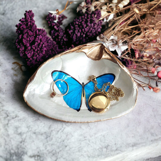 Blue Morpho Butterfly Decoupage Clam Shell Trinket Dish