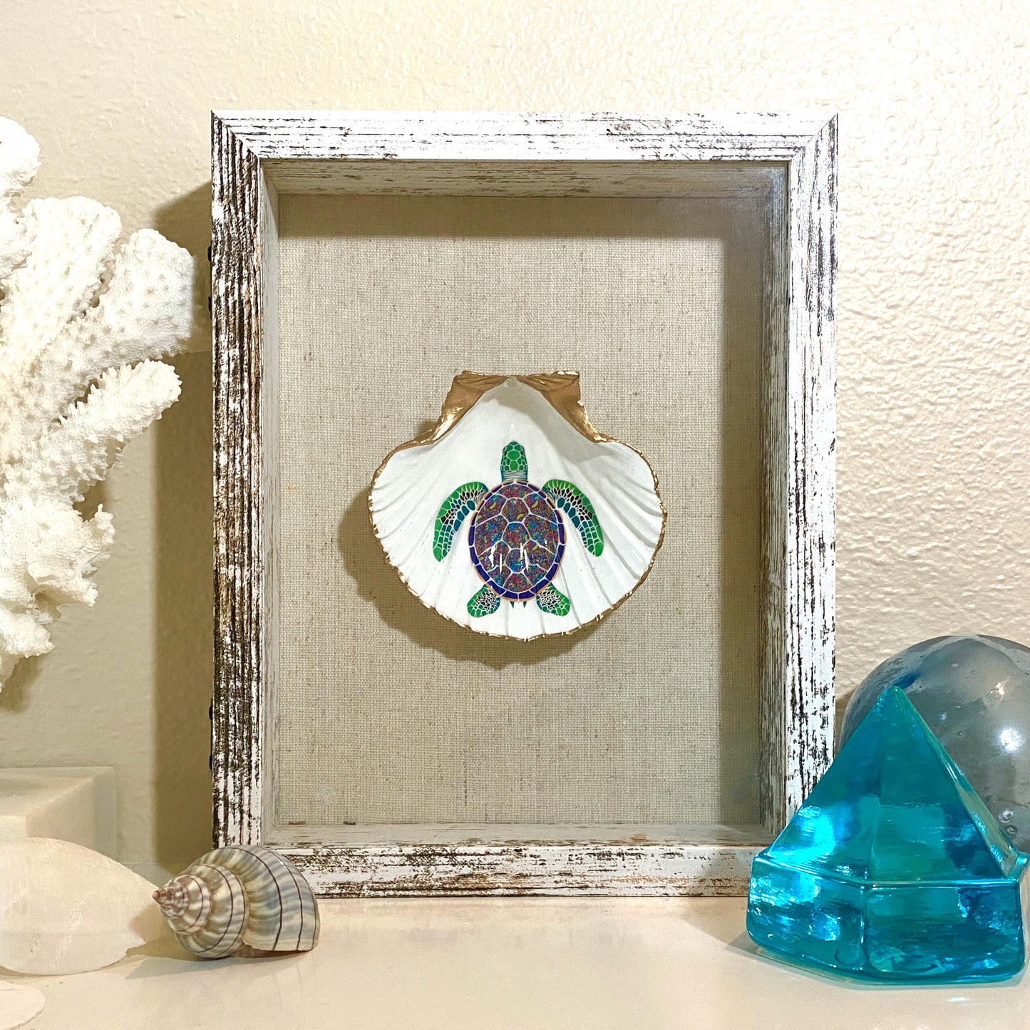 Coastal Wall Art Framed Decoupage Scallop Shell – Beach House Decor