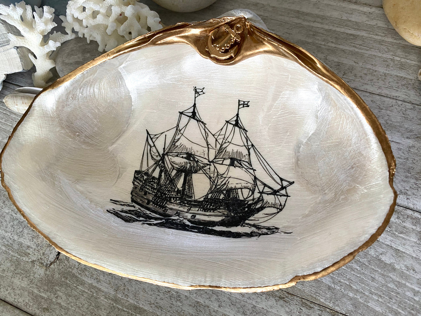 Decoupage Clam Shell Trinket Dish Tall Ship Art