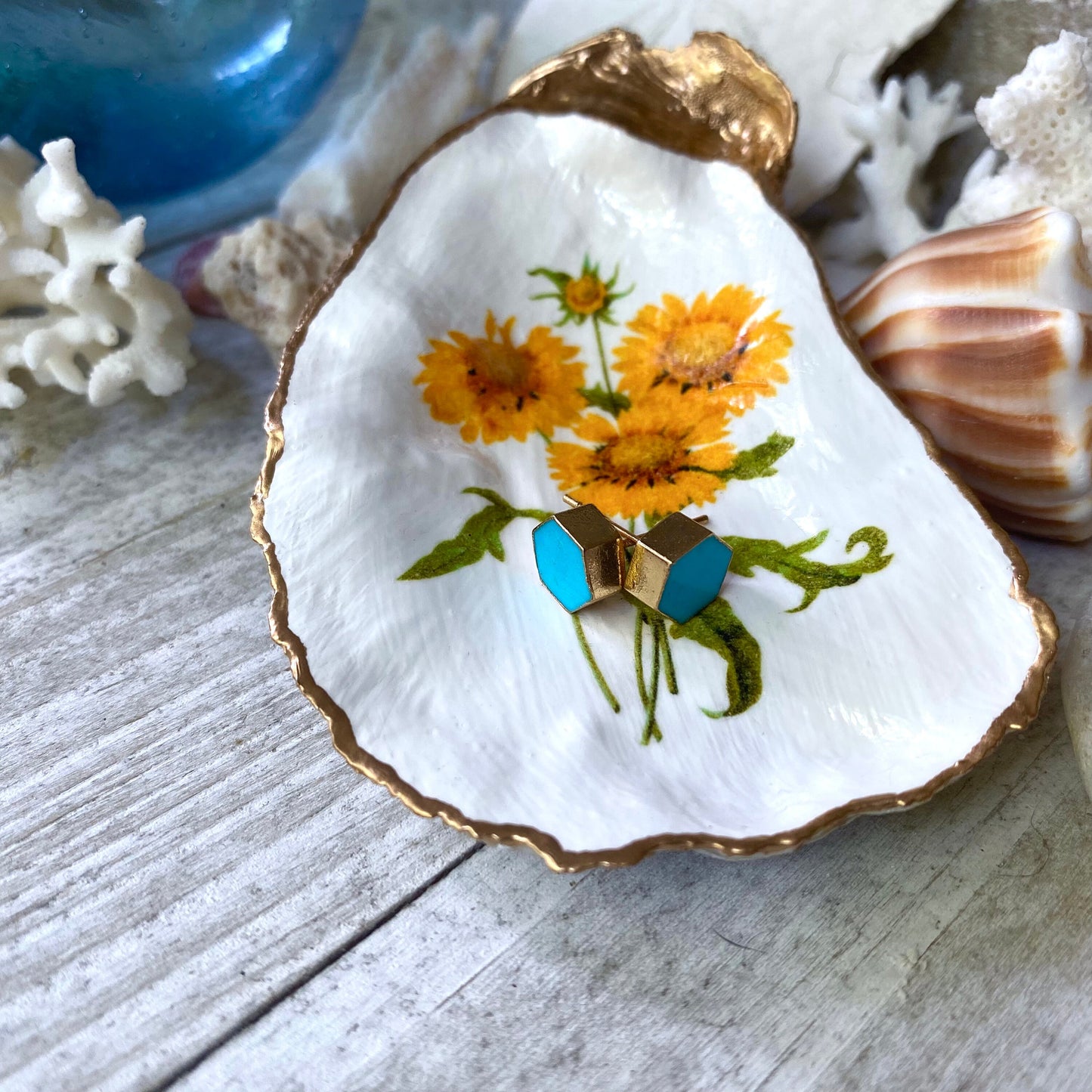 Decoupage Oyster Shell Trinket Dish Sunflower Art