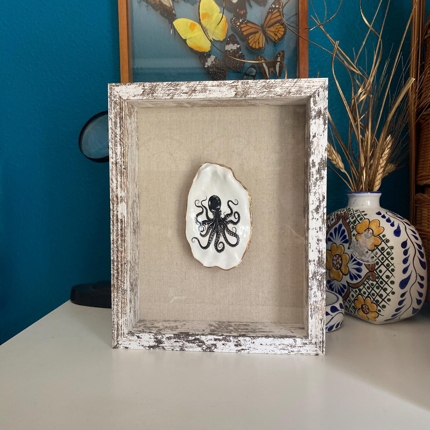 Decoupage Octopus Oyster Shell Shadow Box – Hand-Crafted Coastal Wall Hanging, Nautical Gift