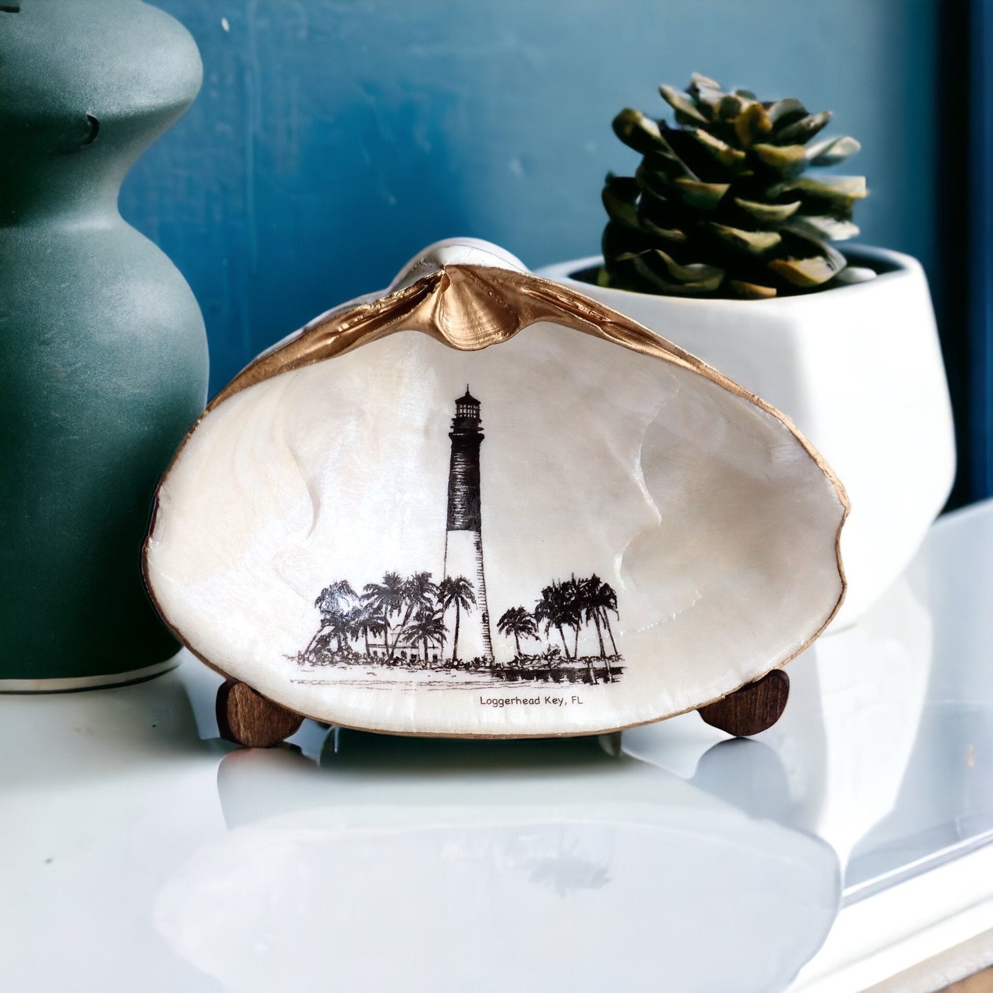 Decoupage Clam Shell Trinket Dish Dry Tortugas Lighthouse Art