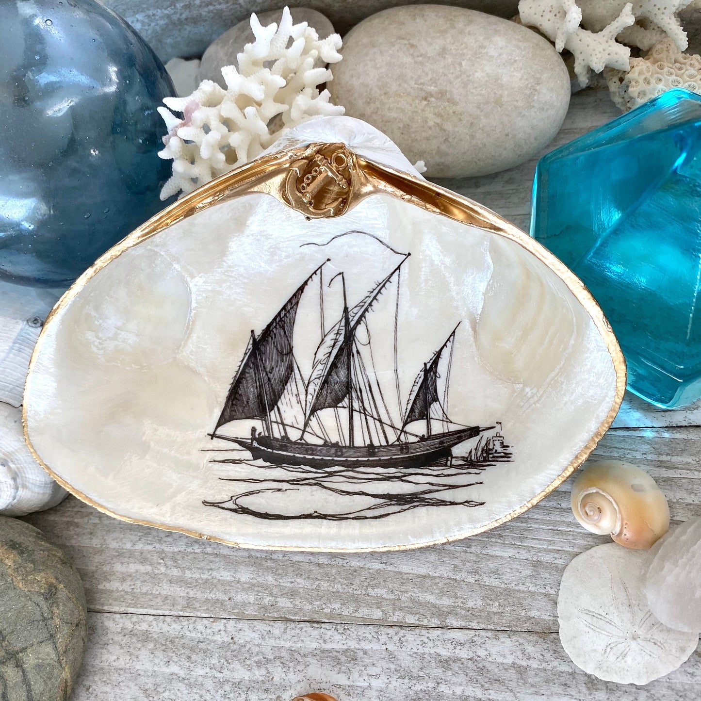 Decoupage Clam Shell Trinket Dish Sailboat Art