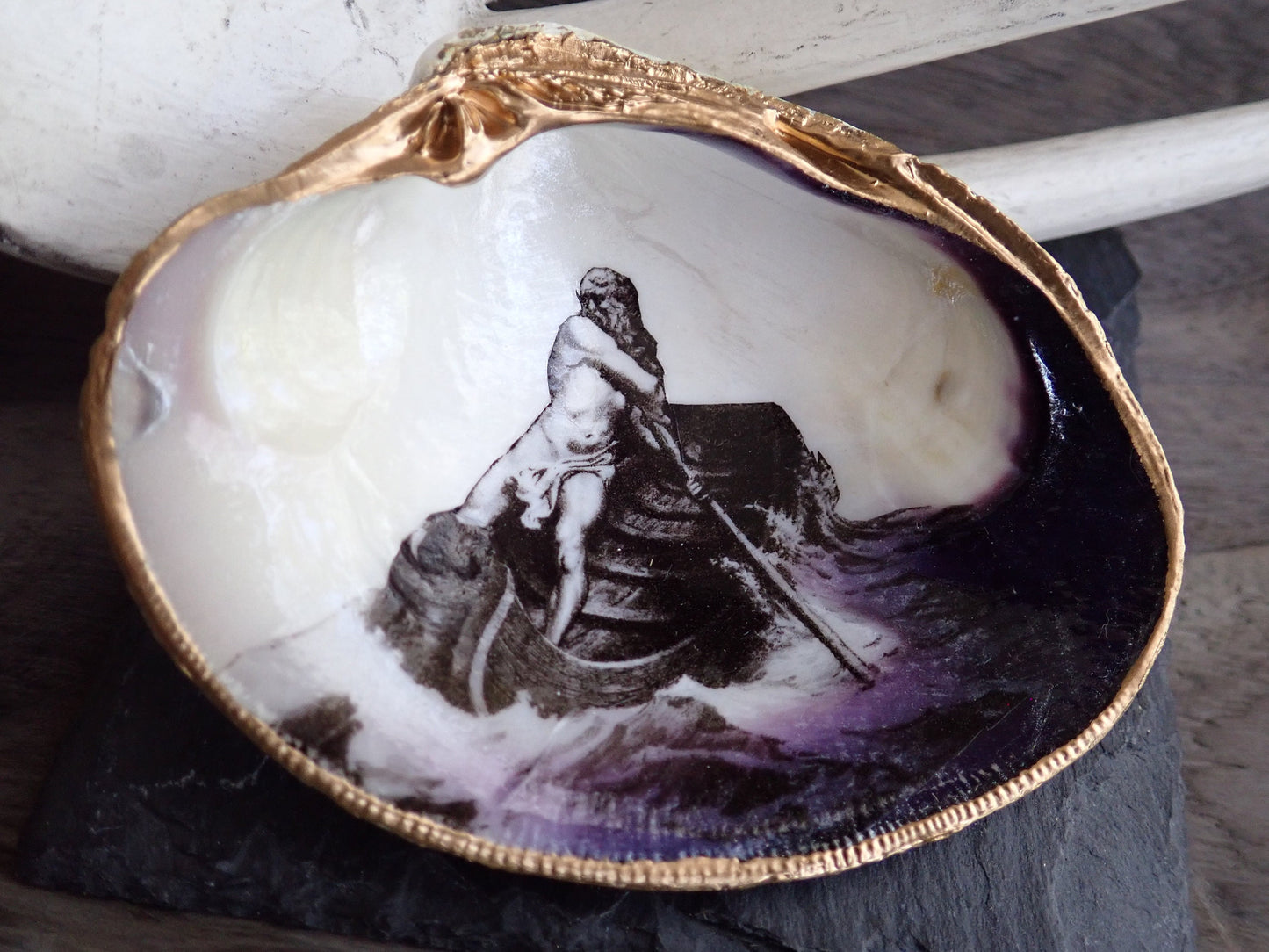 Decoupage Clam Shell Ring Dish – Charon Ferryman Design, Mythological Gothic Art