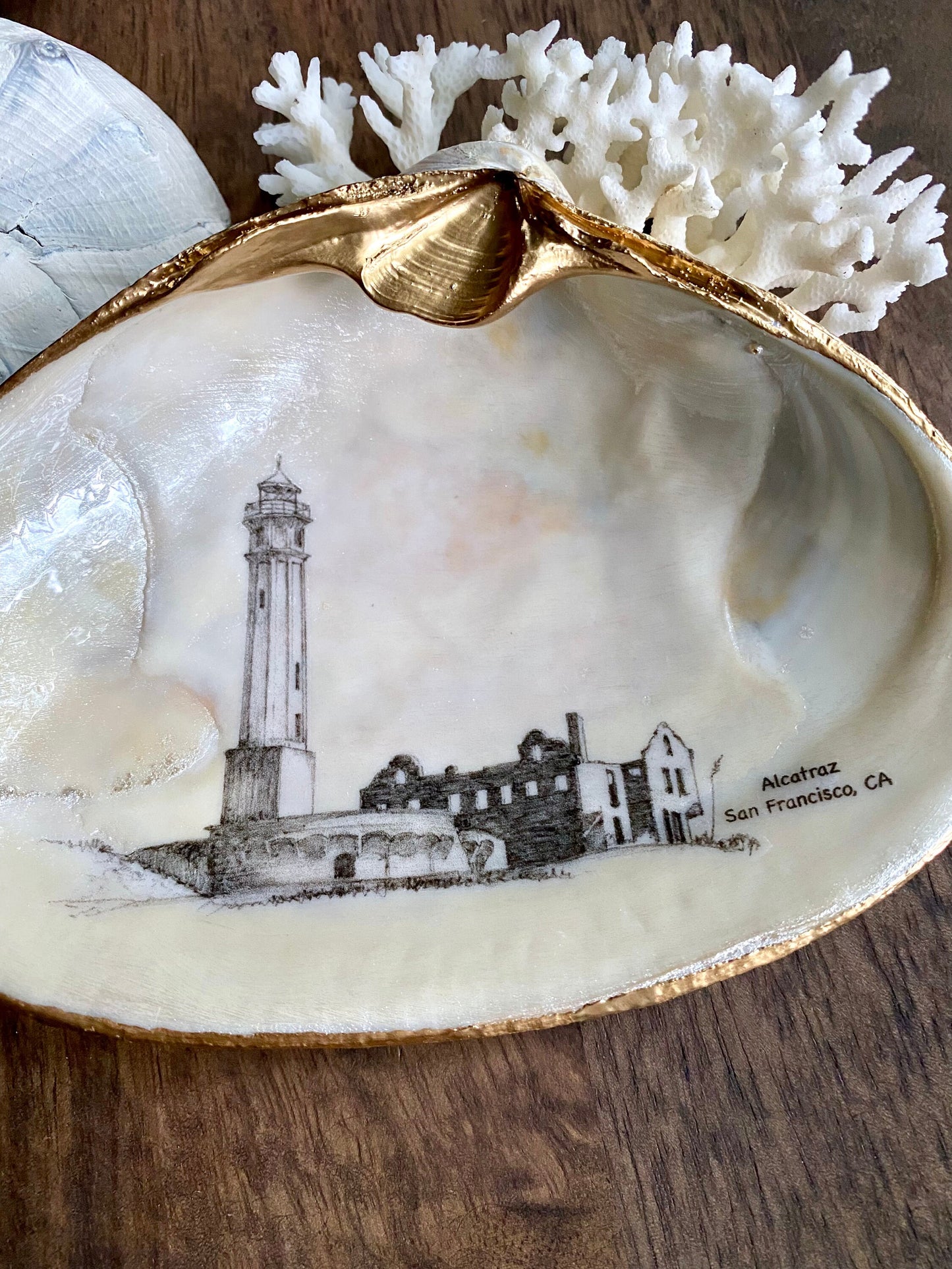 Decoupage Clam Shell Trinket Art Alcatraz Lighthouse Art