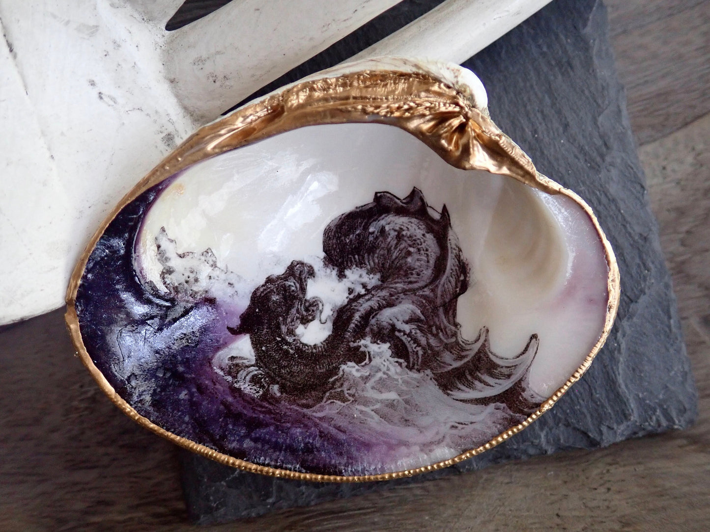 Decoupage Clam Shell Jewelry Dish – Mythological Sea Monster Art
