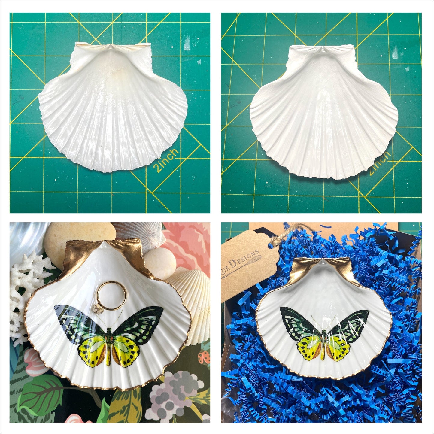 Decoupage Scallop Shell Trinket Dish Butterfly Art