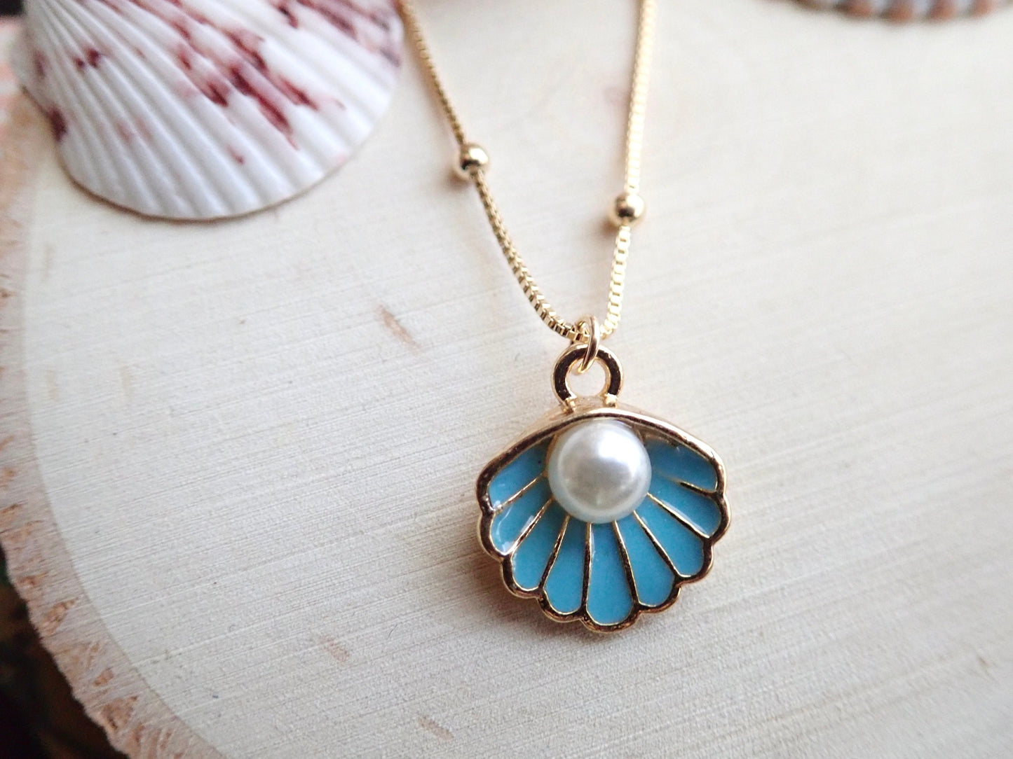 Gold Shell Charm Necklace – Dainty Pearl Seashell Pendant, Mermaid Jewelry