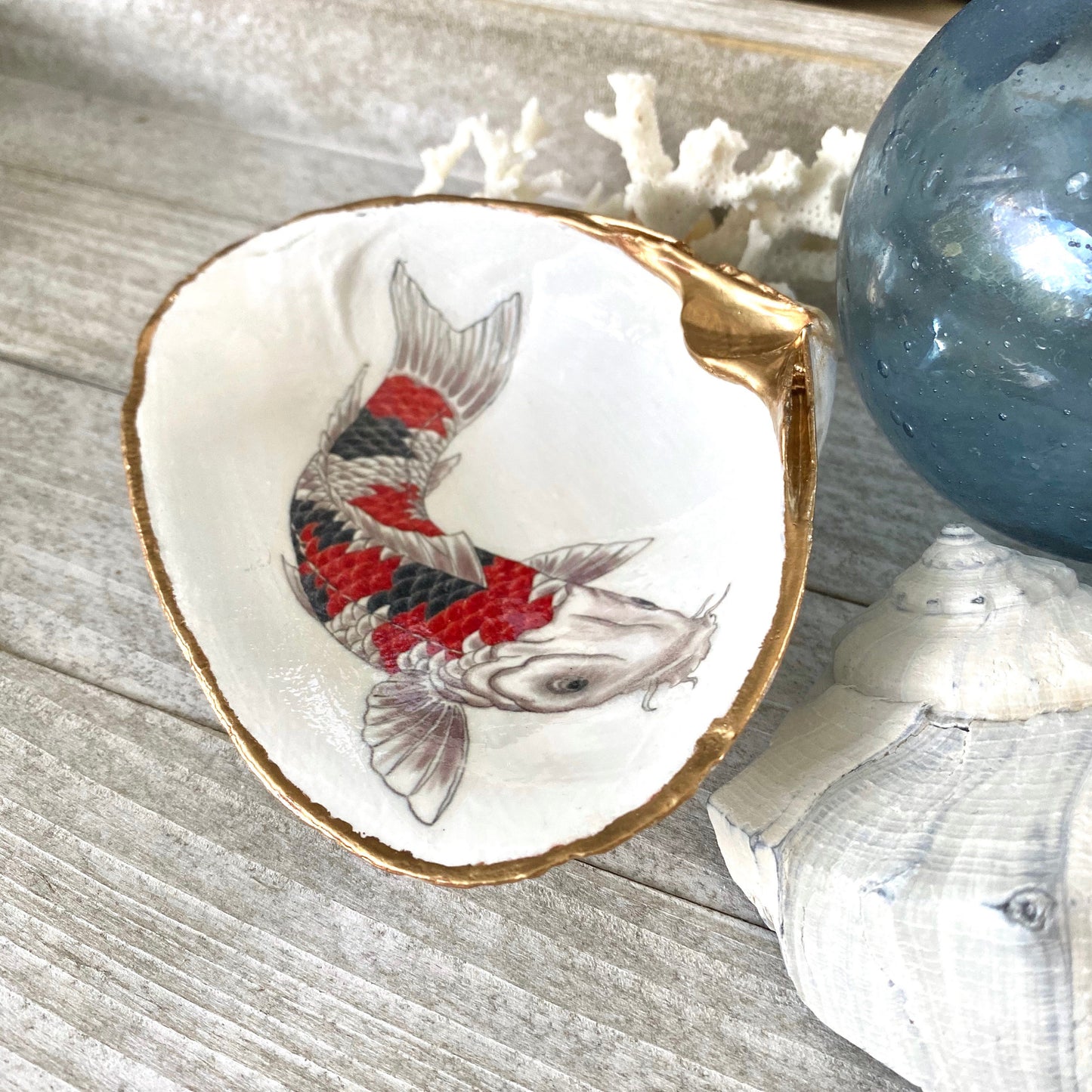Koi Fish Decoupage Clam Shell Ring Dish – Handcrafted Coastal Trinket Holder, Nautical Gift