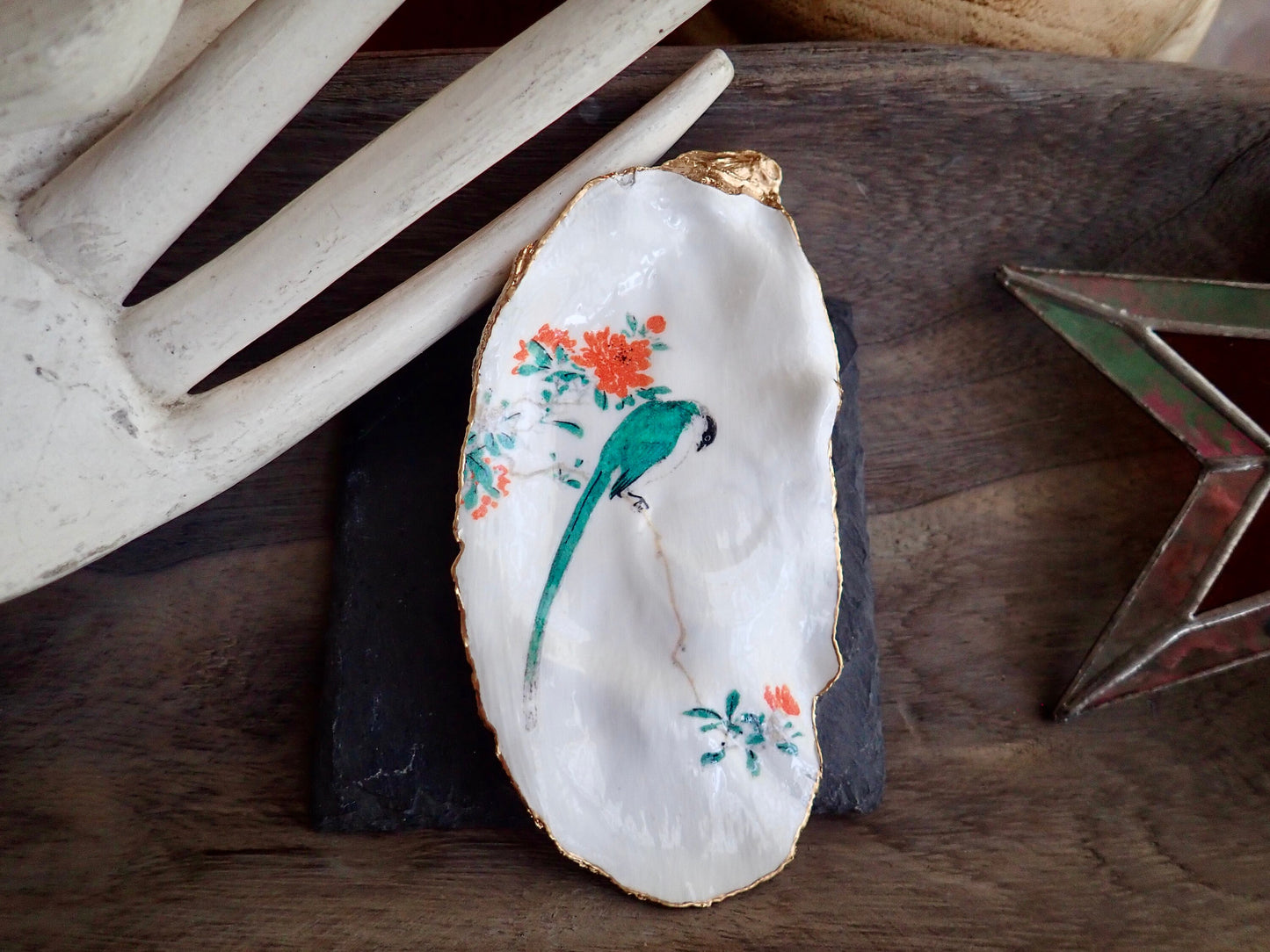 Decoupage Oyster Shell Ring Dish – Bird & Floral Design