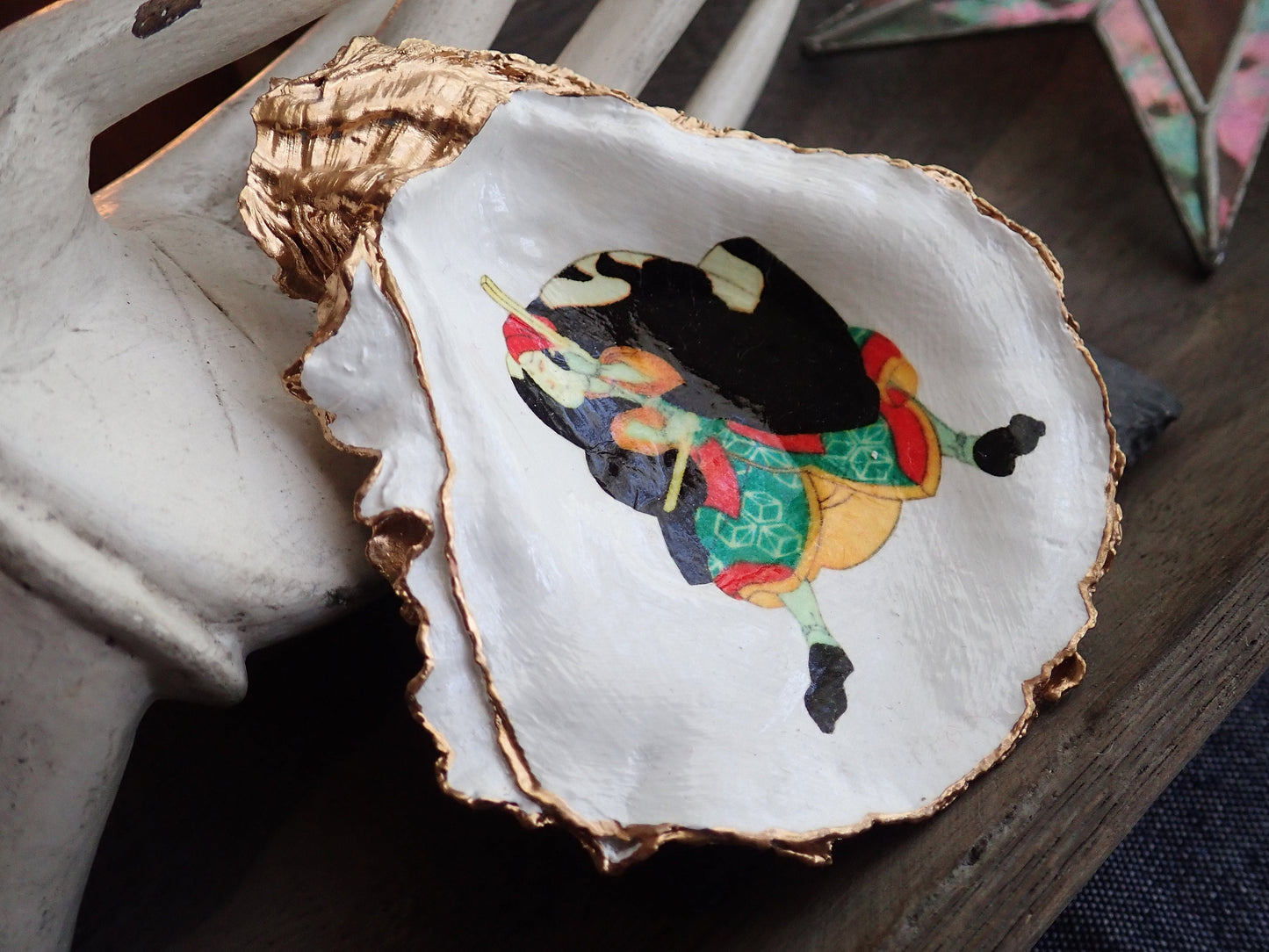 Decoupage Oyster Shell Trinket Dish Samurai Art