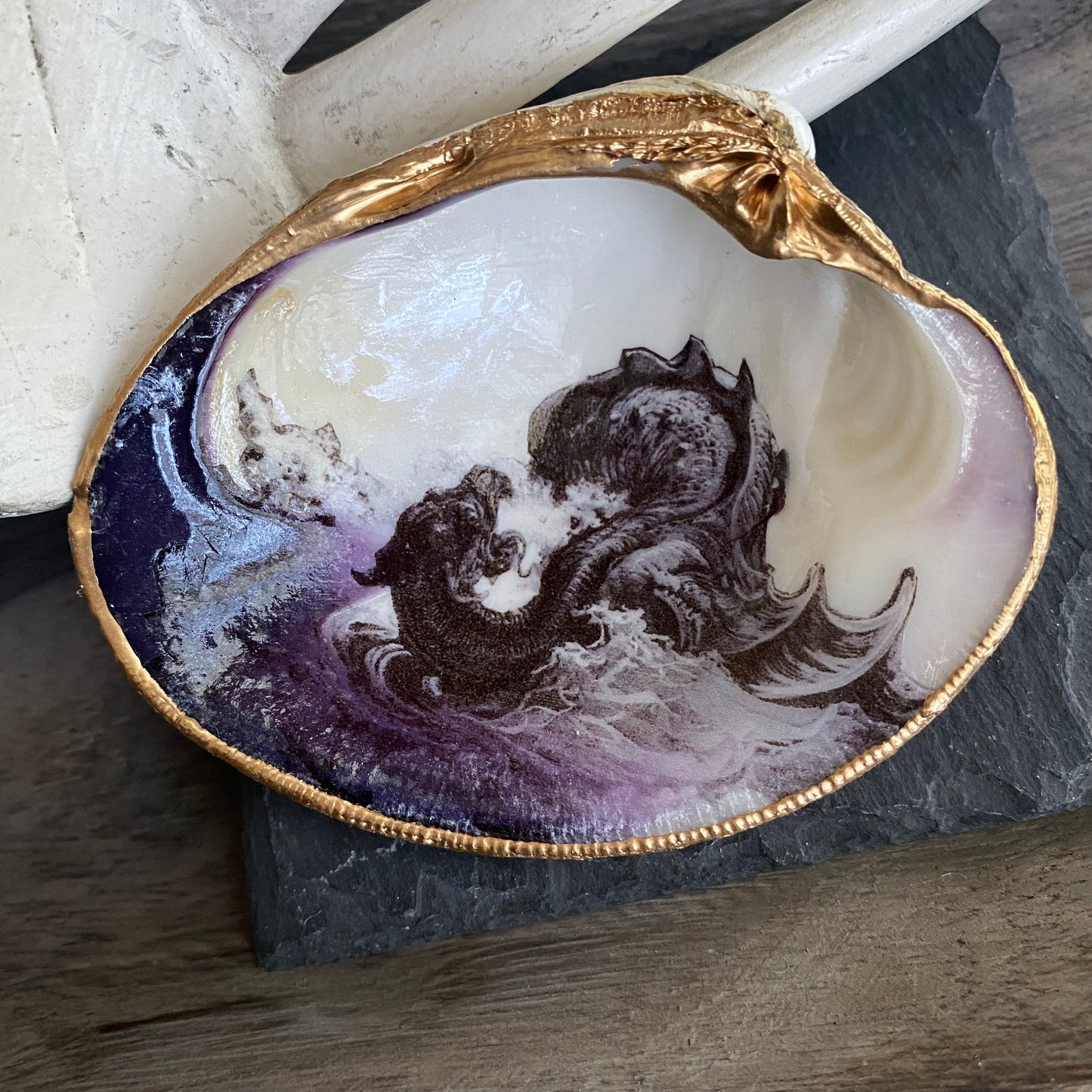 Decoupage Clam Shell Jewelry Dish – Mythological Sea Monster Art