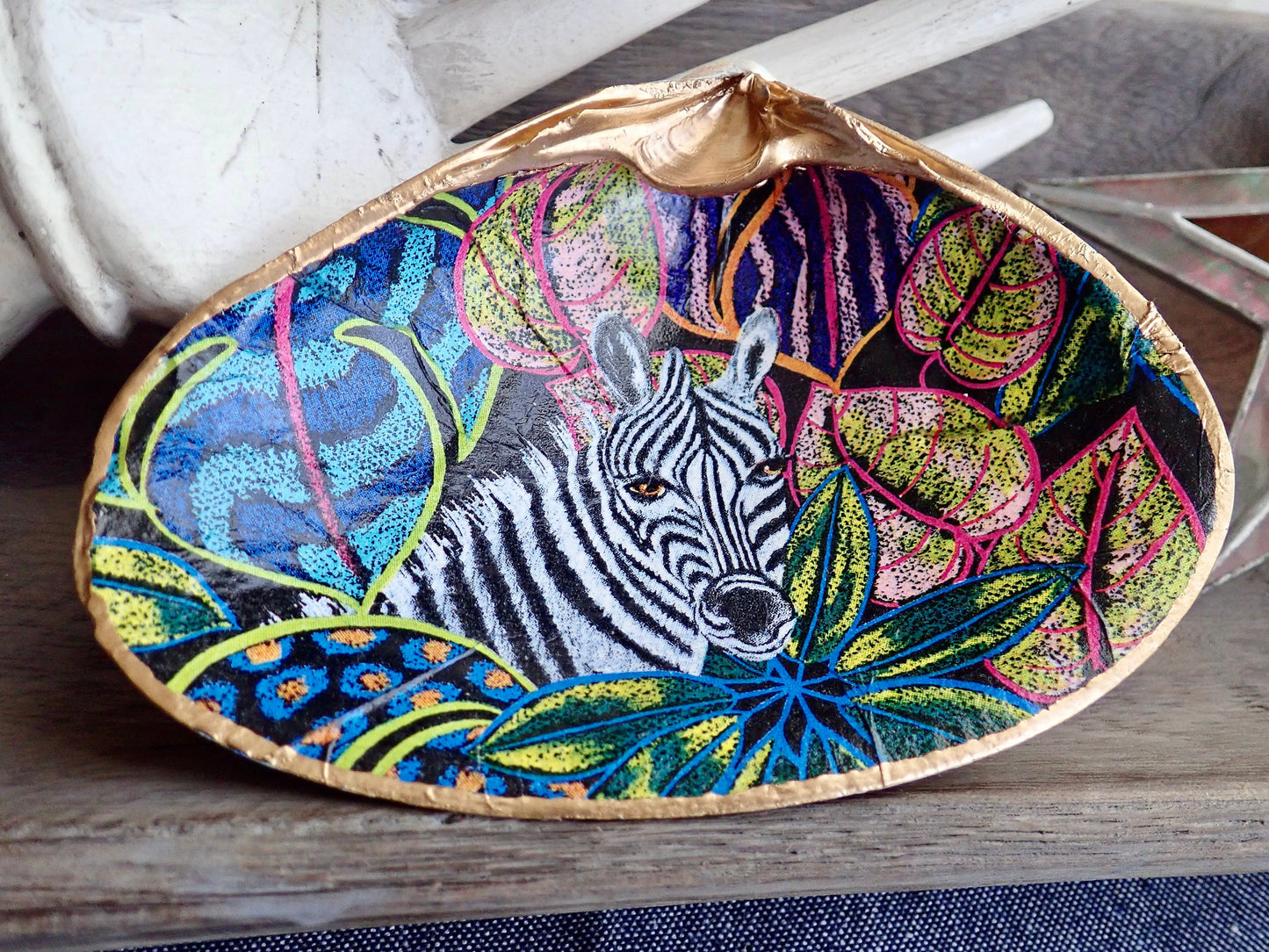 Decoupage Clam Shell Jewelry Dish – Tropical Zebra Design, Coastal Home Decor