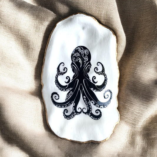 Decoupage Octopus Oyster Shell Shadow Box – Hand-Crafted Coastal Wall Hanging, Nautical Gift