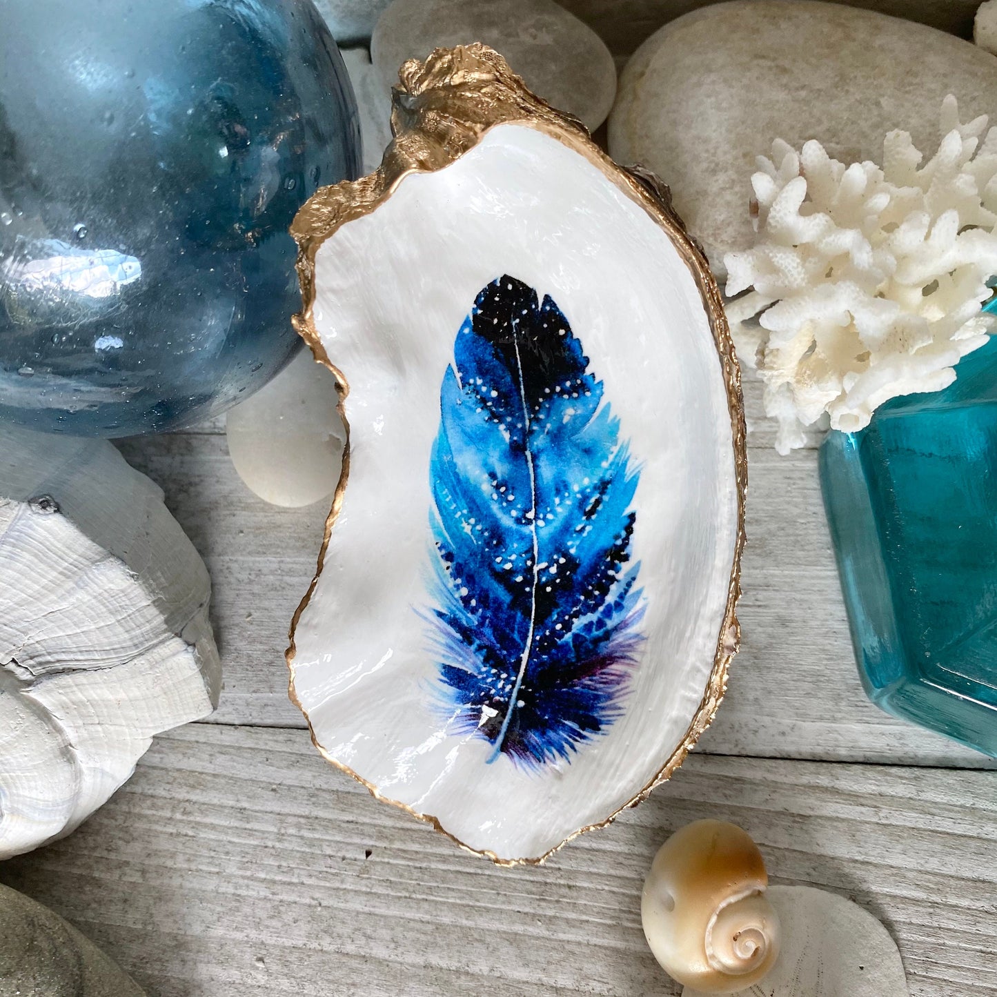 Decoupage Oyster Shell Jewelry Dish, Feather Design, Beach House Decor Accent