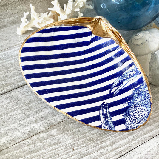 Blue & White Stripe Decoupage Clam Shell Trinket Dish