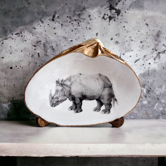 Rhinoceros Art Decoupage Clam Shell Ring Dish – Dürer-Inspired Nature Lover Gift
