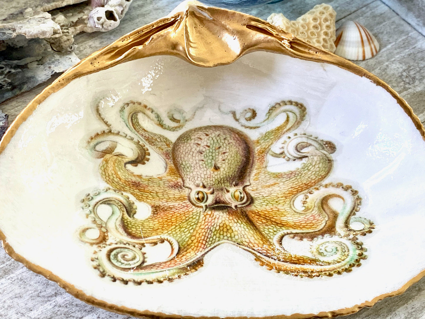 Decoupage Clam Shell Gold Octopus Art