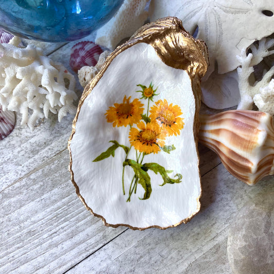Decoupage Oyster Shell Trinket Dish Sunflower Art