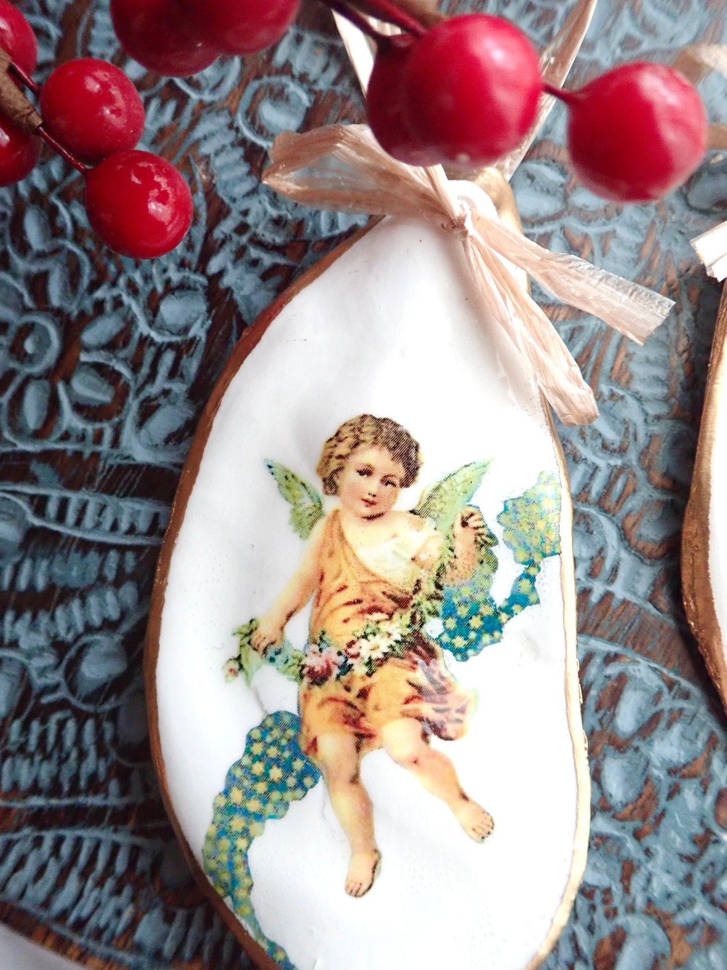 Holiday Angels Decoupage Oyster Shell Ornaments