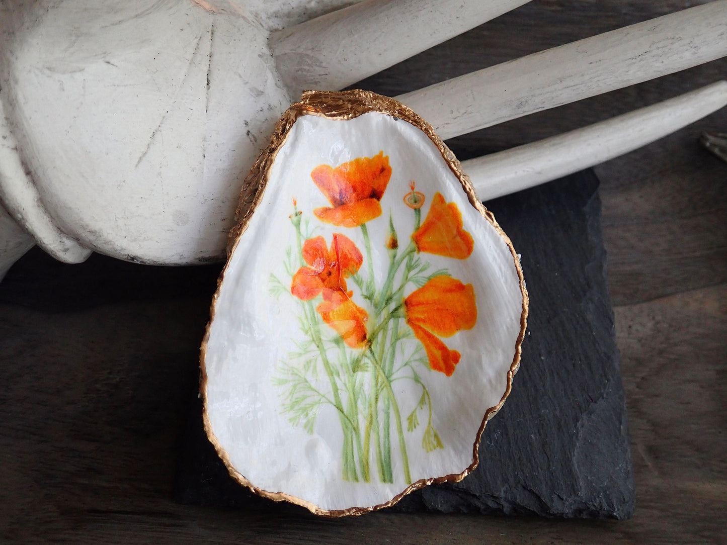 Decoupage Oyster Shell Trinket Dish California Poppy Flower Art