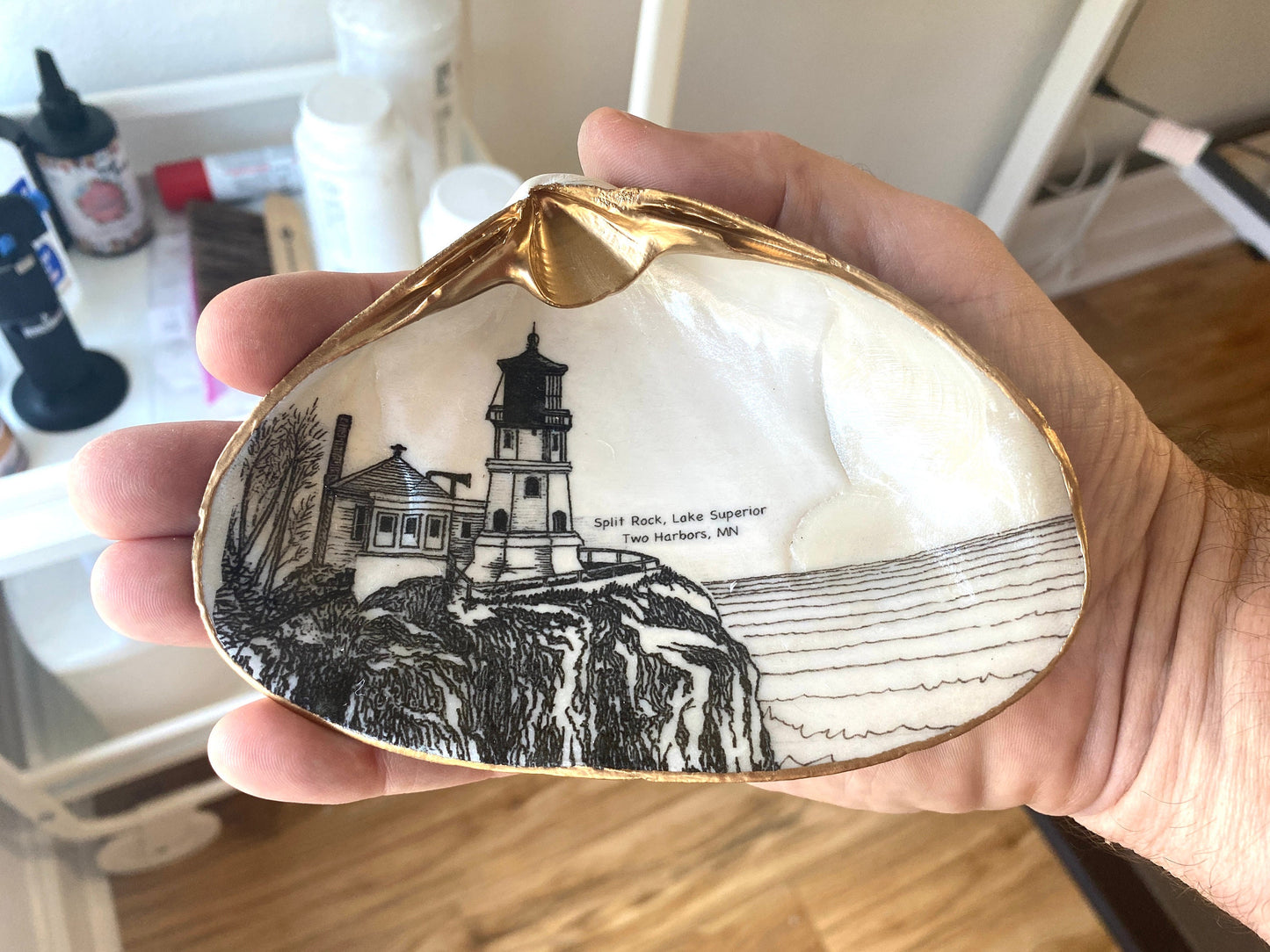 Decoupage Clam Shell Trinket Dish Split Rock Lighthouse Art