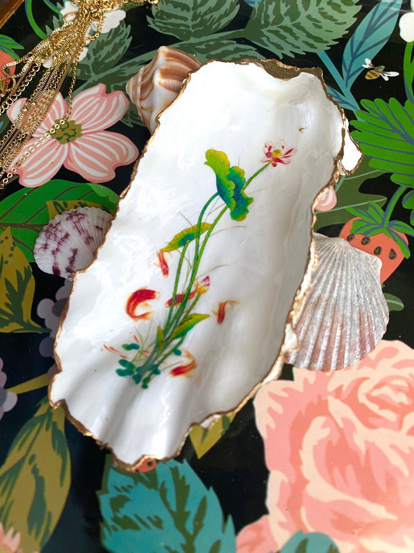 Water Lily Oyster Shell Trinket Dish – Hand-Painted Decoupage Art