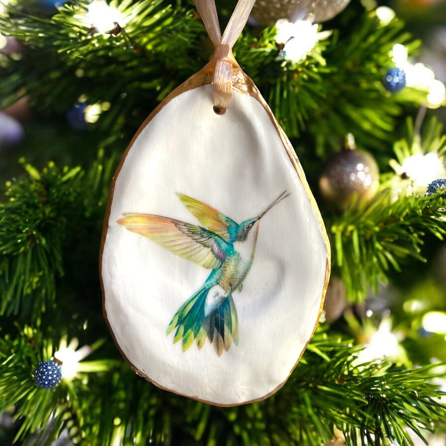 Holiday Ornament Decoupage Hummingbird Oyster Shell