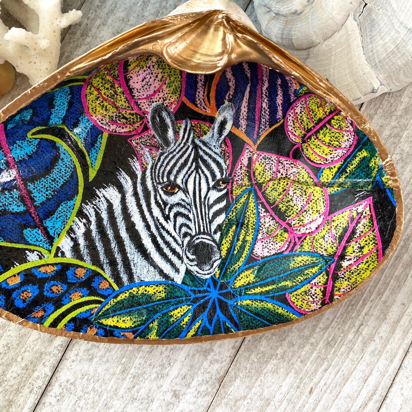 Decoupage Clam Shell Jewelry Dish – Tropical Zebra Design, Coastal Home Decor