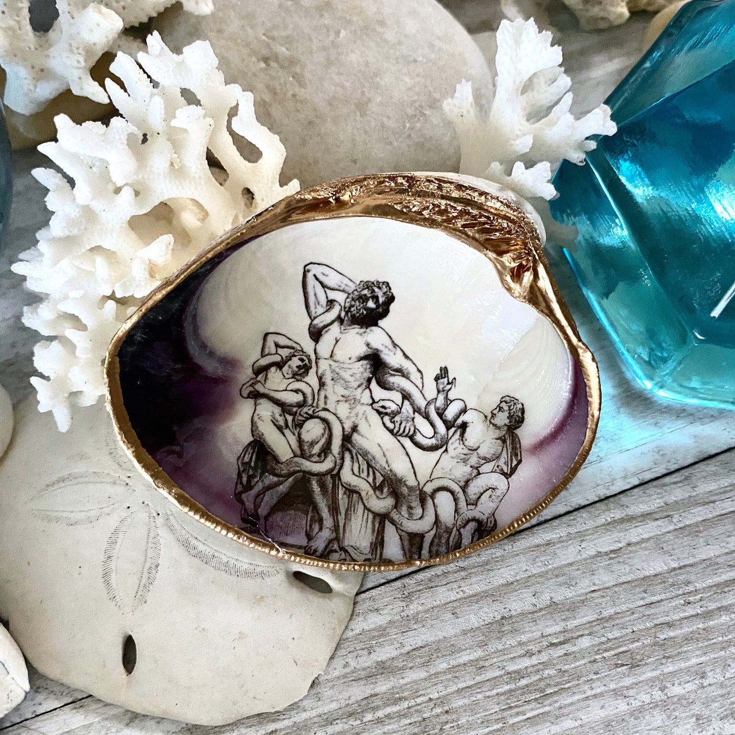 Decoupage Shell Ring Dish – Laocoön and His Sons, Mythology Coastal Accent