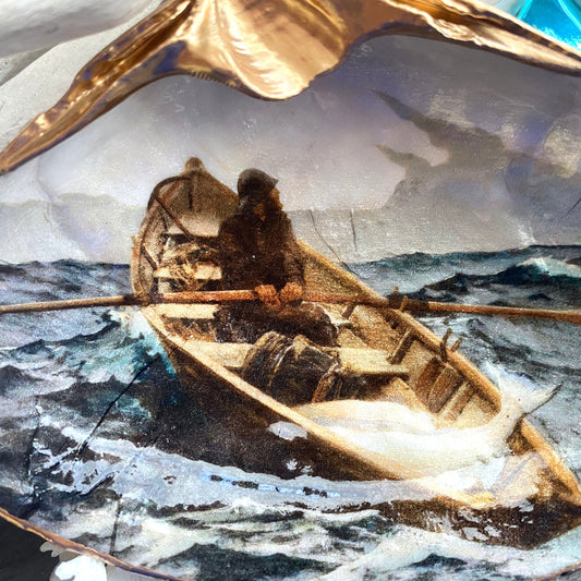 Handcrafted 'The Fog Warning' Clam Shell Ring Dish – Decoupage Fisherman Art, Coastal Decor