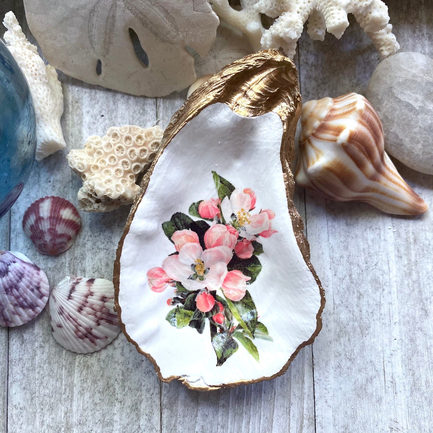 Decoupage Oyster Shell Trinket Dish – Apple Blossom Floral Art