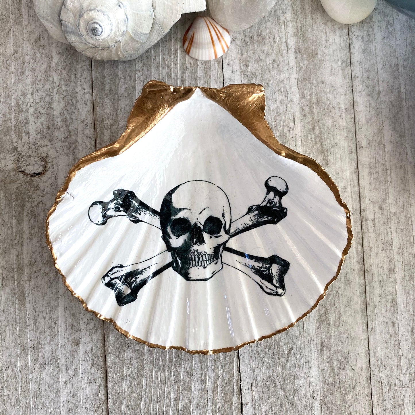 Decoupage Scallop Shell Trinket Dish Skull & Crossbones
