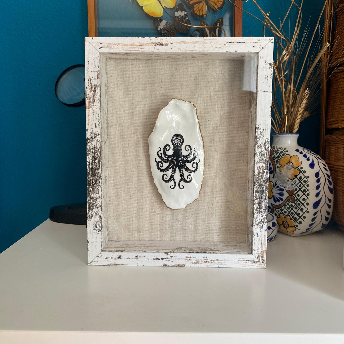 Decoupage Octopus Oyster Shell Shadow Box – Hand-Crafted Coastal Wall Hanging, Nautical Gift