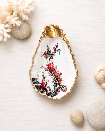 Cherry Blossom Oyster Shell Trinket Dish – Hand-Crafted Decoupage Art
