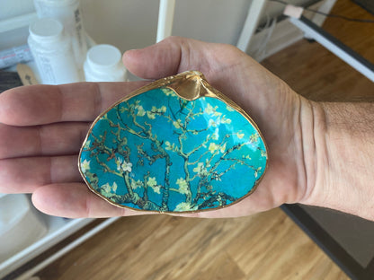 Decoupage Clam Shell Jewelry Dish – Almond Blossoms Art, Coastal Tabletop Decor