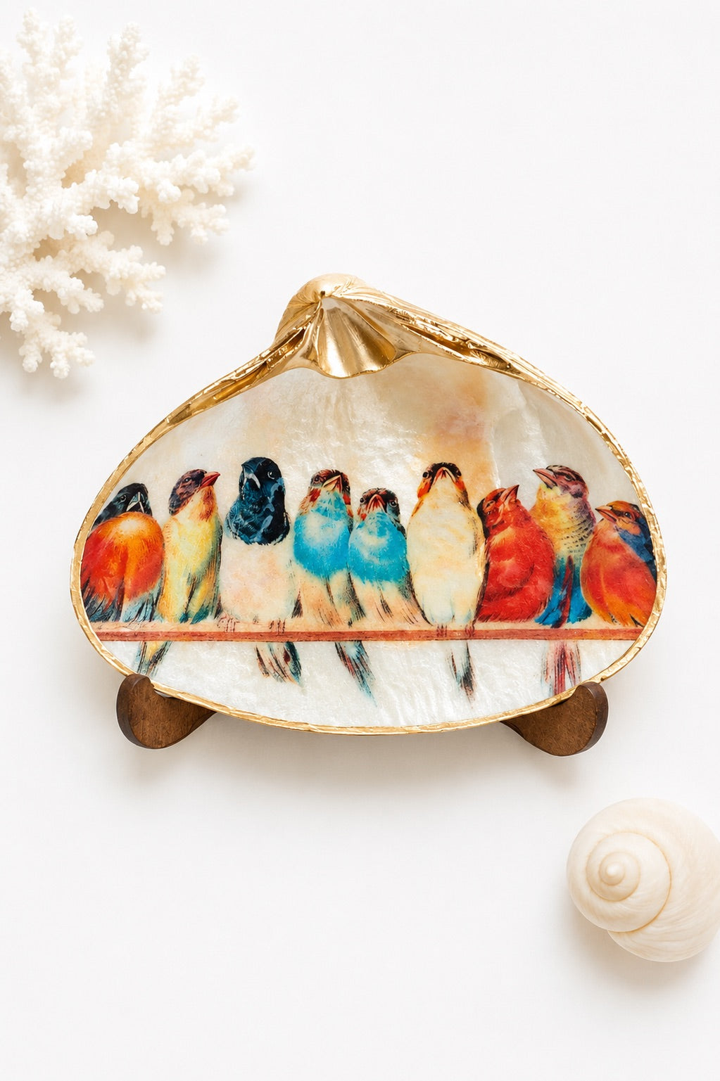 Decoupage Clam Shell Trinket Dish Bird Lover Art