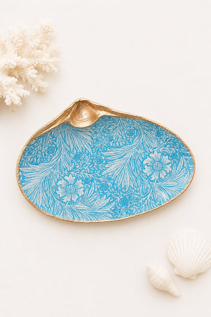 Decoupage Clam Shell Trinket Dish Blue Floral Pattern