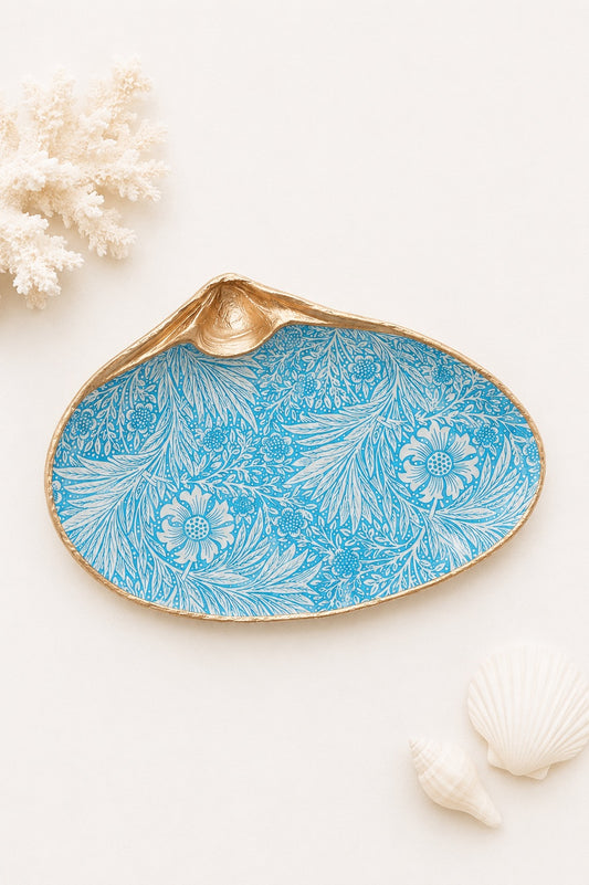 Decoupage Clam Shell Trinket Dish Blue Floral Pattern