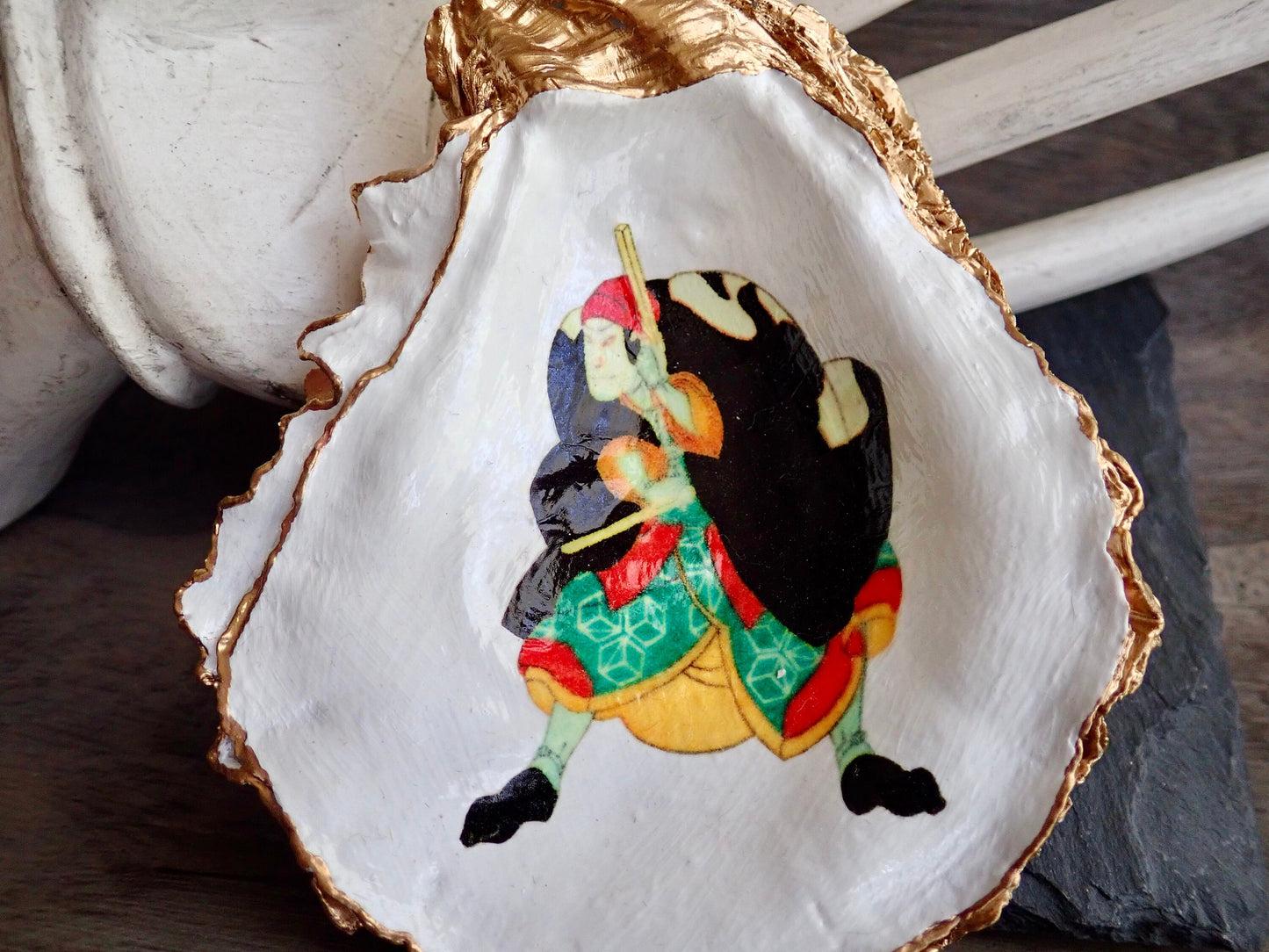 Decoupage Oyster Shell Trinket Dish Samurai Art
