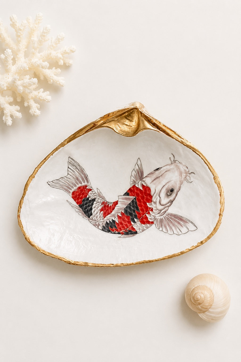 Koi Fish Decoupage Clam Shell Ring Dish – Handcrafted Coastal Trinket Holder, Nautical Gift