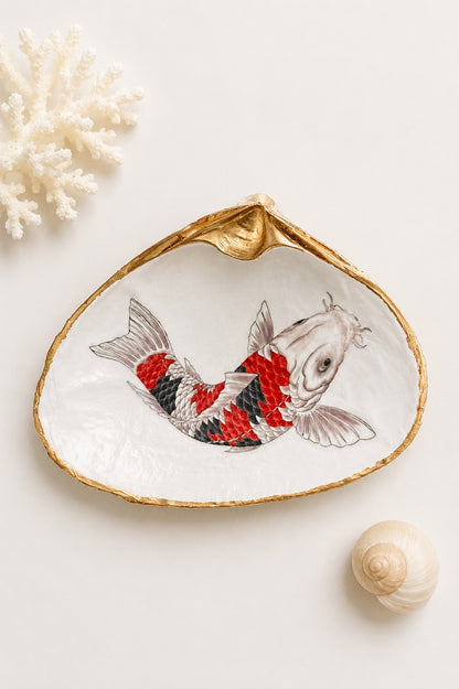 Koi Fish Decoupage Clam Shell Ring Dish – Handcrafted Coastal Trinket Holder, Nautical Gift