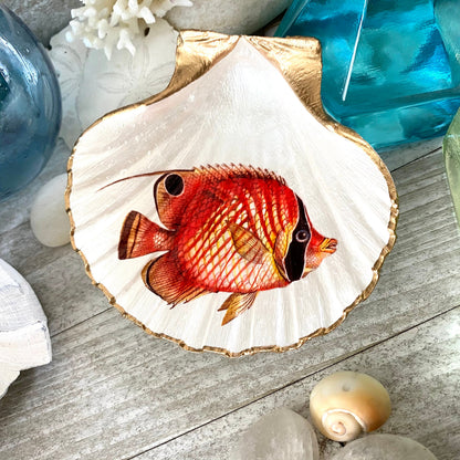 Tropical Fish Scallop Shell Ring Dish, Coastal Jewelry Holder, Beach House Decor, Ocean Lover Gift