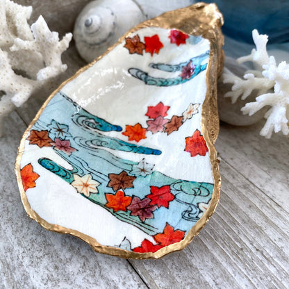 Decoupage Oyster Shell Ring Dish – Autumn Leaves Design, Hostess Gift