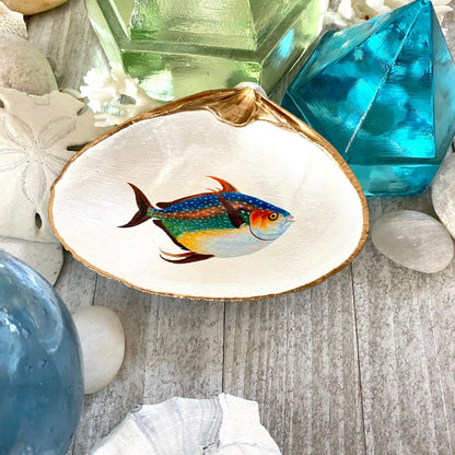 Decoupage Clam Shell Jewelry Dish – Opah Fish Design, Coastal Home Decor