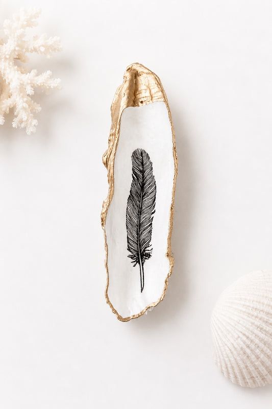 Decoupage Oyster Shell Jewelry Dish, Feather Design, Beach House Decor Accent