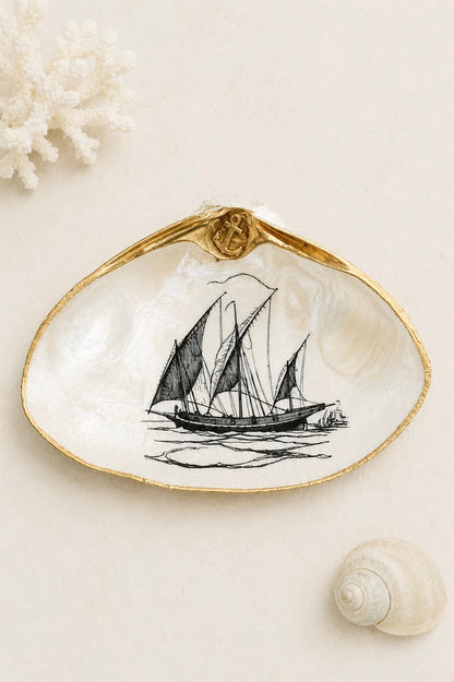 Decoupage Clam Shell Trinket Dish Sailboat Art